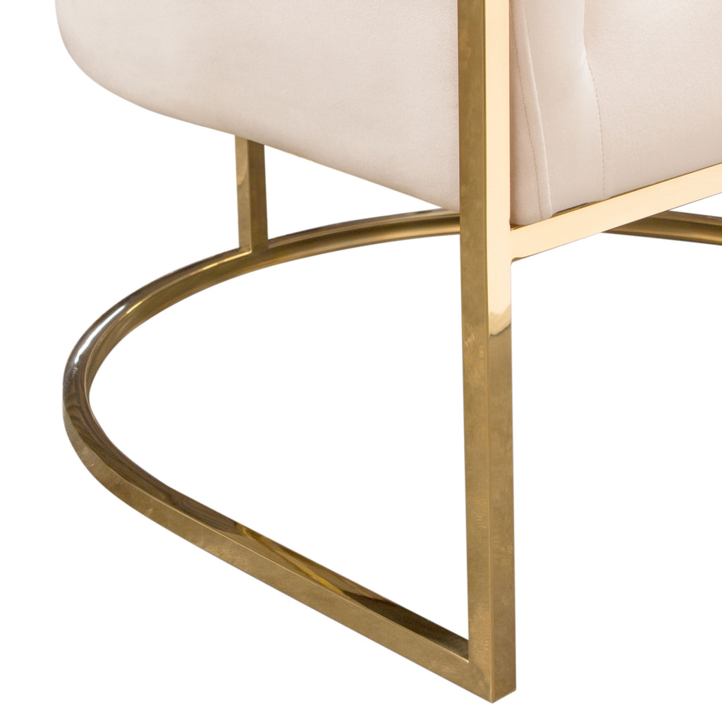 Pandora Accent Chair in Cream Velvet with Polished Gold Stainless Steel Frame by Diamond Sofa - styled in a staged room by Center Stage Home Design