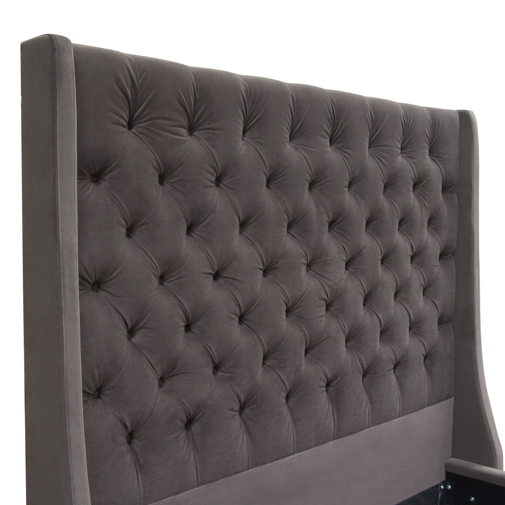 Park Avenue Eastern King Tufted Bed with Vintage Wing in Smoke Grey Velvet by Diamond Sofa - styled in a staged room by Center Stage Home Design
