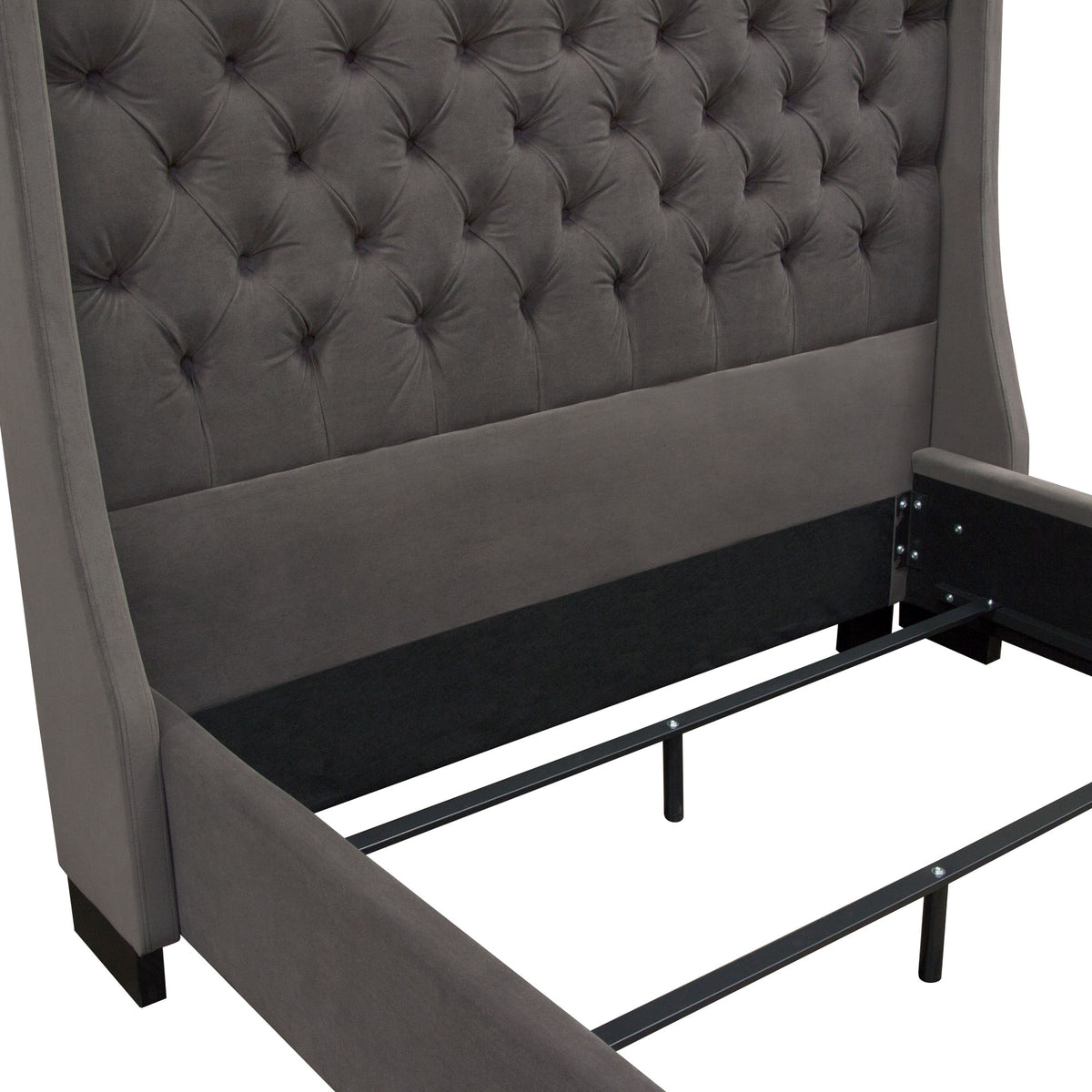 Park Avenue Eastern King Tufted Bed with Vintage Wing in Smoke Grey Velvet by Diamond Sofa - styled in a staged room by Center Stage Home Design