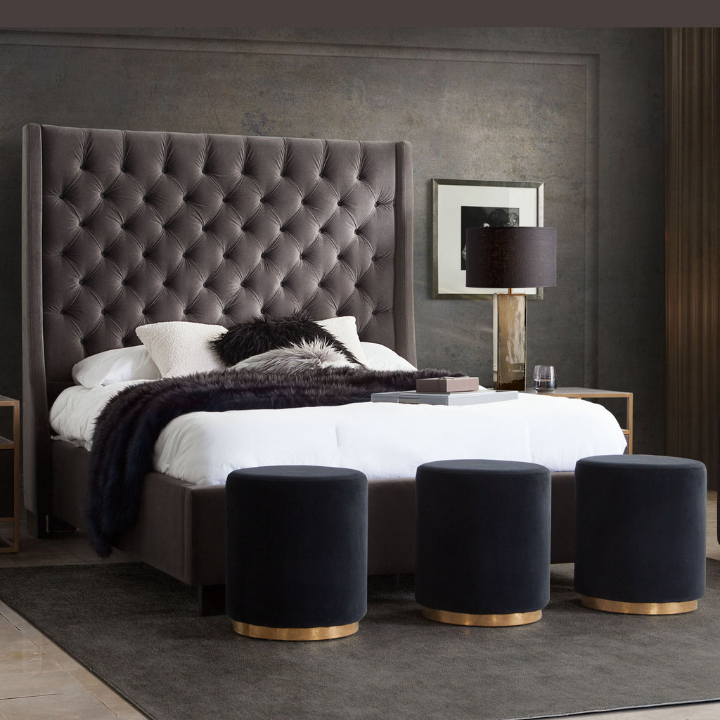 Park Avenue Eastern King Tufted Bed with Vintage Wing in Smoke Grey Velvet by Diamond Sofa - styled in a staged room by Center Stage Home Design