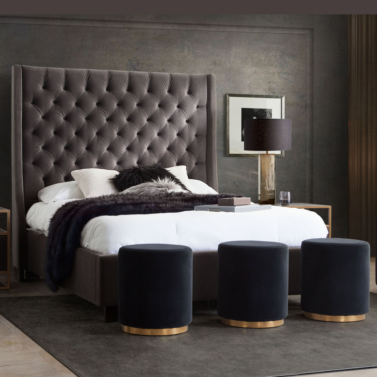 Park Avenue Eastern King Tufted Bed with Vintage Wing in Smoke Grey Velvet by Diamond Sofa - styled in a staged room by Center Stage Home Design