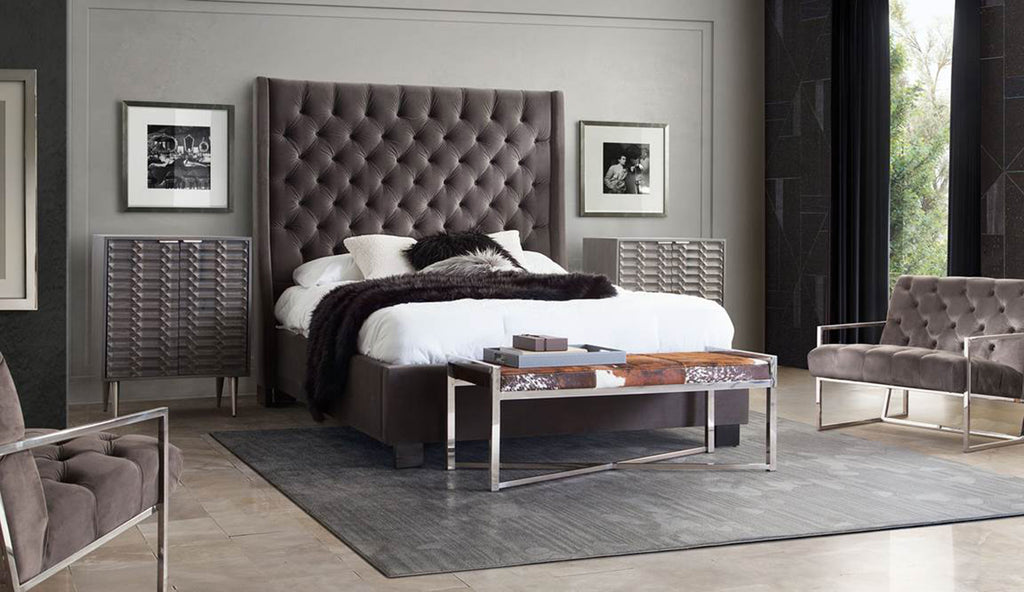 Park Avenue Eastern King Tufted Bed with Vintage Wing in Smoke Grey Velvet by Diamond Sofa - styled in a staged room by Center Stage Home Design