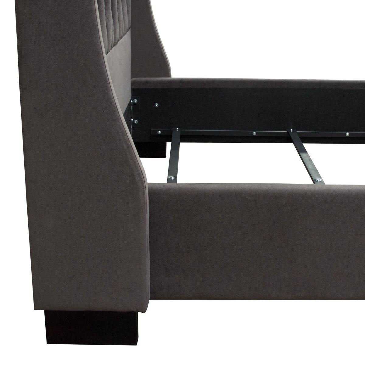 Park Avenue Queen Tufted Bed with Vintage Wing in Smoke Grey Velvet by Diamond Sofa - styled in a staged room by Center Stage Home Design