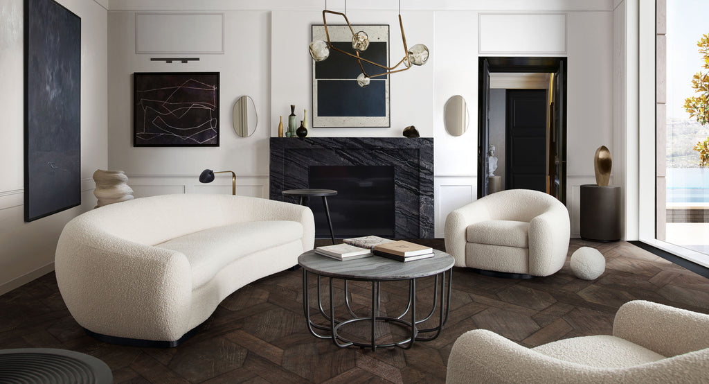 Pascal Swivel Chair in Bone Boucle Textured Fabric w/ Contoured Arms & Back by Diamond Sofa - styled in a staged room by Center Stage Home Design