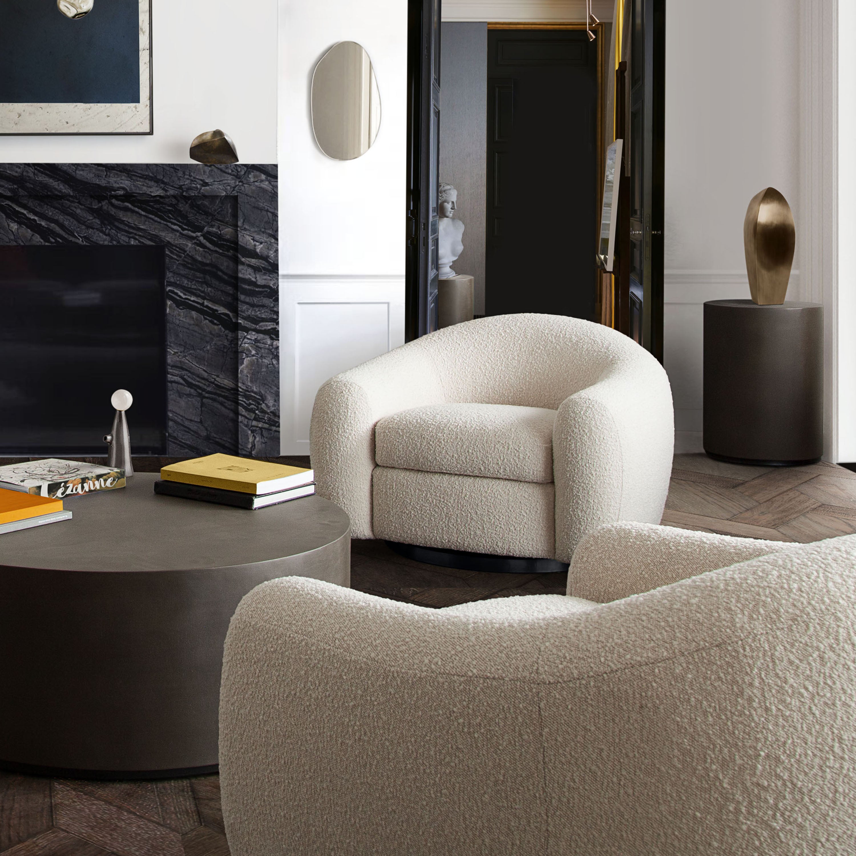 Pascal Swivel Chair in Bone Boucle Textured Fabric w/ Contoured Arms & Back by Diamond Sofa - styled in a staged room by Center Stage Home Design