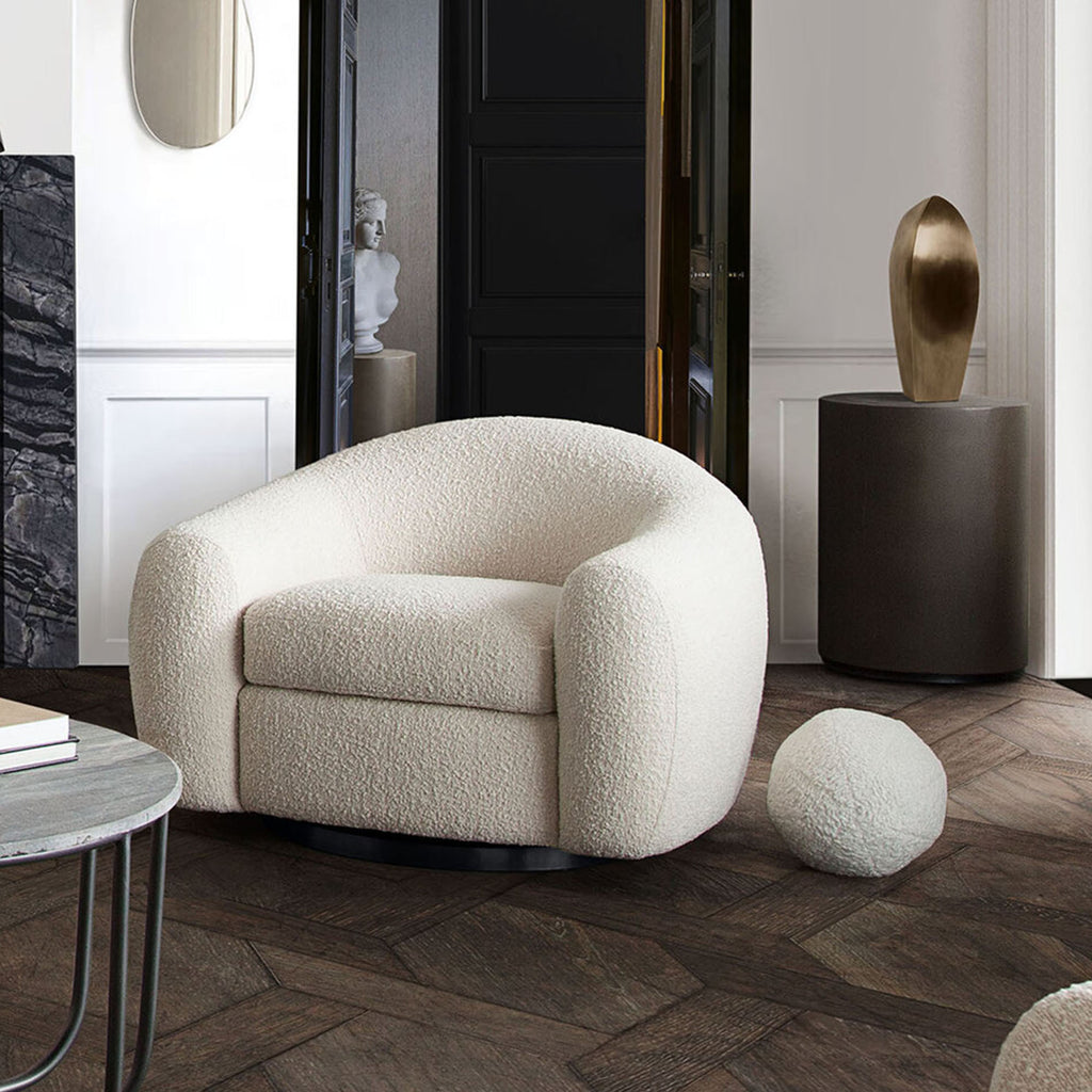 Pascal Swivel Chair in Bone Boucle Textured Fabric w/ Contoured Arms & Back by Diamond Sofa - styled in a staged room by Center Stage Home Design