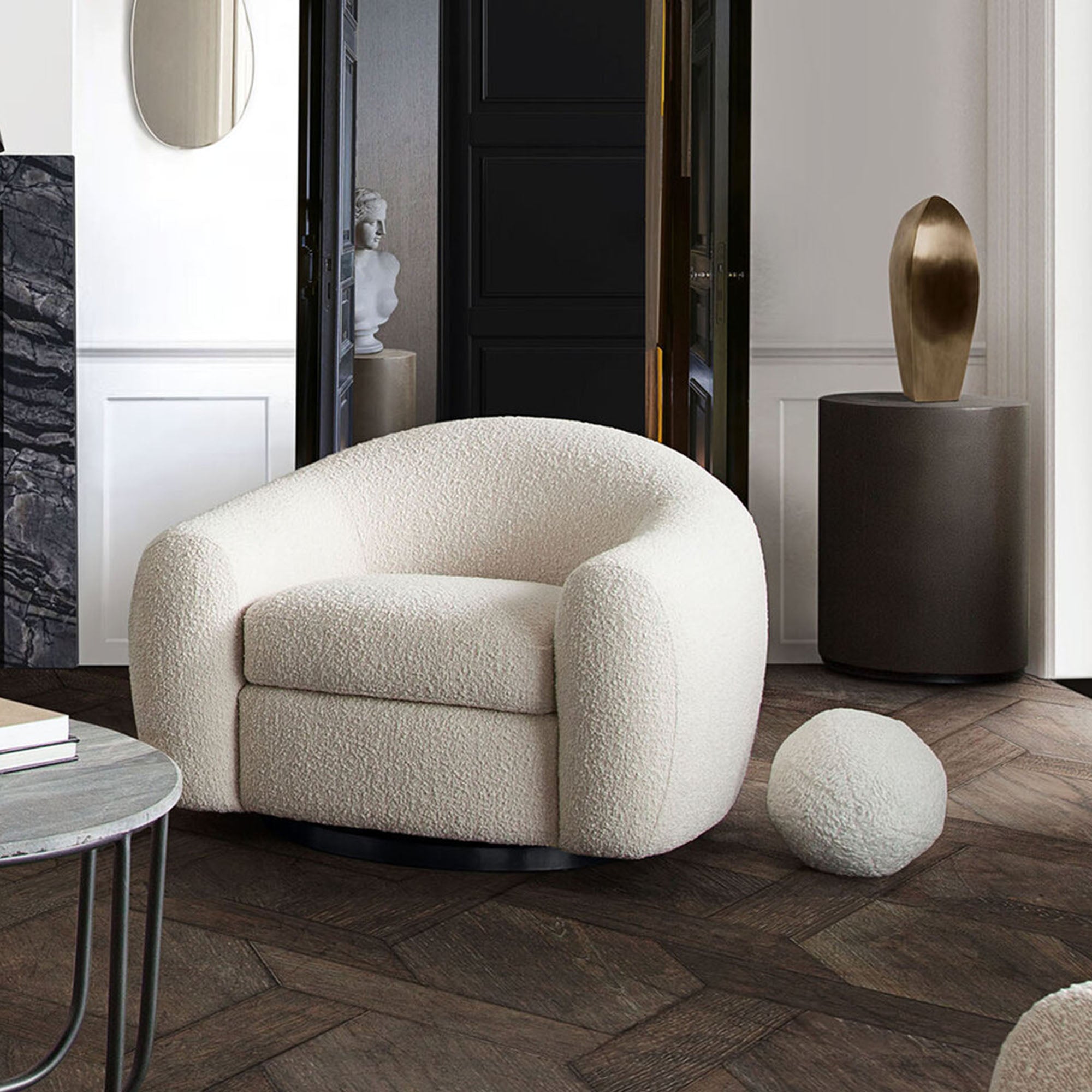Pascal Swivel Chair in Bone Boucle Textured Fabric w/ Contoured Arms & Back by Diamond Sofa - styled in a staged room by Center Stage Home Design