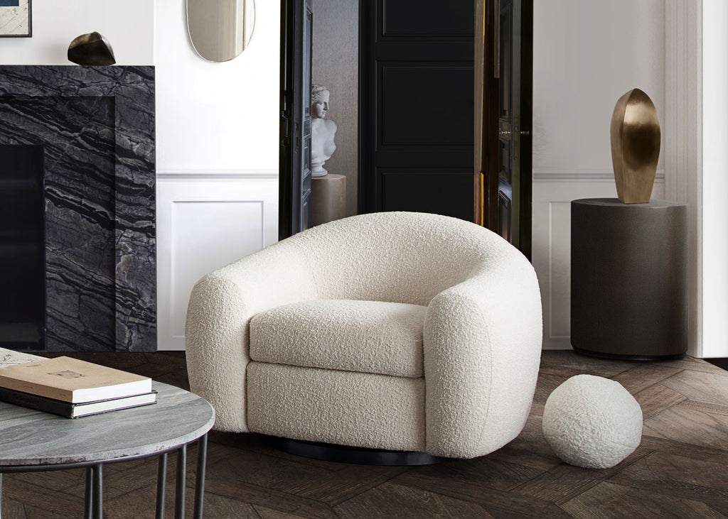 Pascal Swivel Chair in Bone Boucle Textured Fabric w/ Contoured Arms & Back by Diamond Sofa - styled in a staged room by Center Stage Home Design