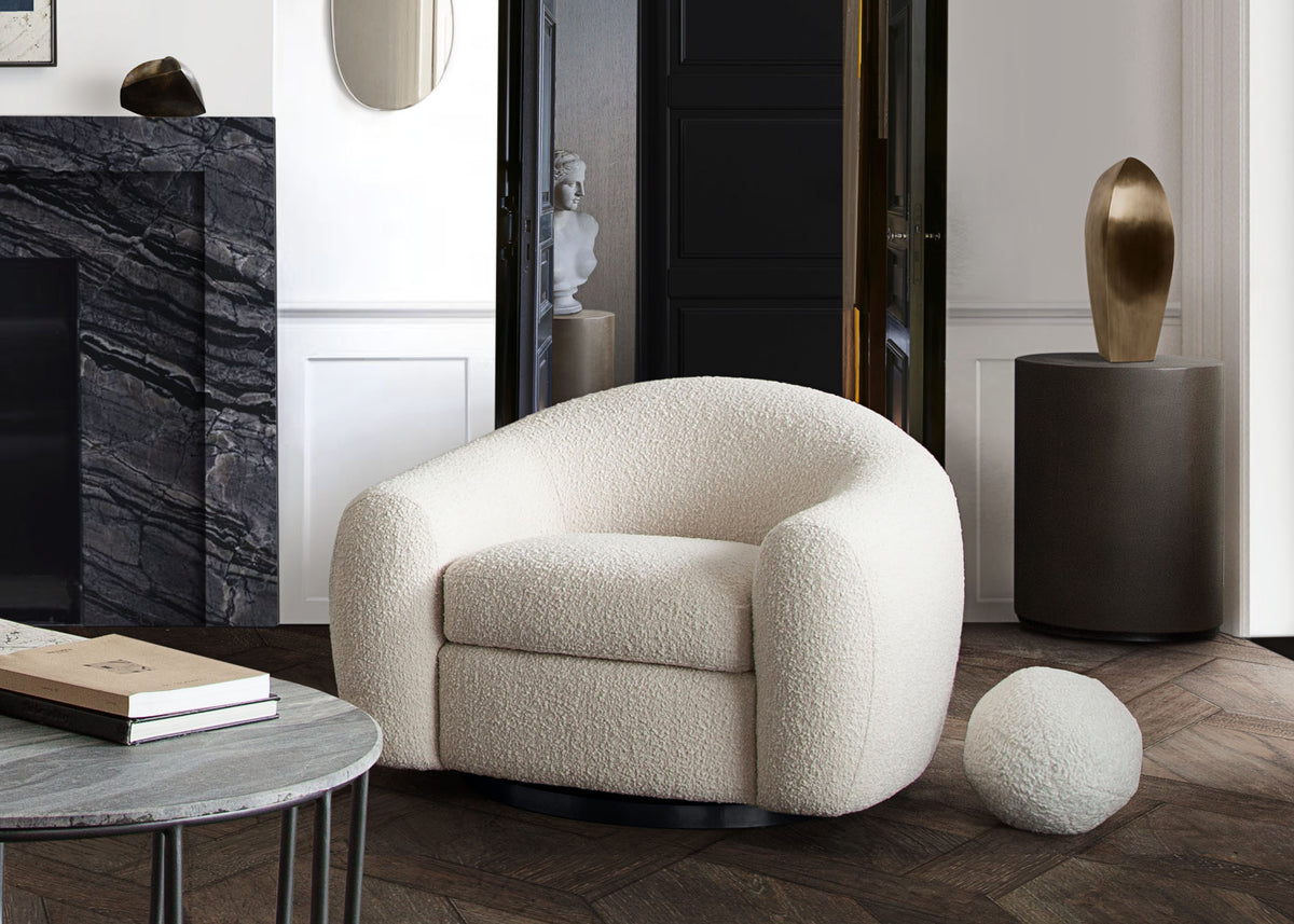Pascal Swivel Chair in Bone Boucle Textured Fabric w/ Contoured Arms & Back by Diamond Sofa - styled in a staged room by Center Stage Home Design