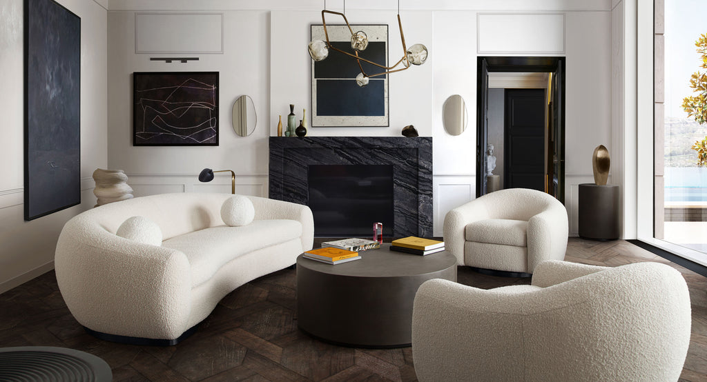 Pascal Swivel Chair in Bone Boucle Textured Fabric w/ Contoured Arms & Back by Diamond Sofa - styled in a staged room by Center Stage Home Design