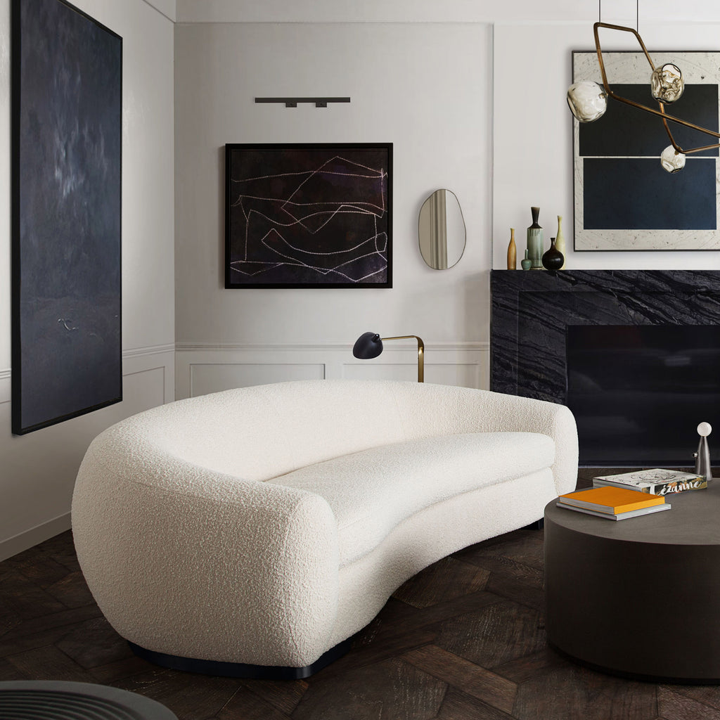 Pascal Sofa in Bone Boucle Textured Fabric w/ Contoured Arms & Back by Diamond Sofa - styled in a staged room by Center Stage Home Design