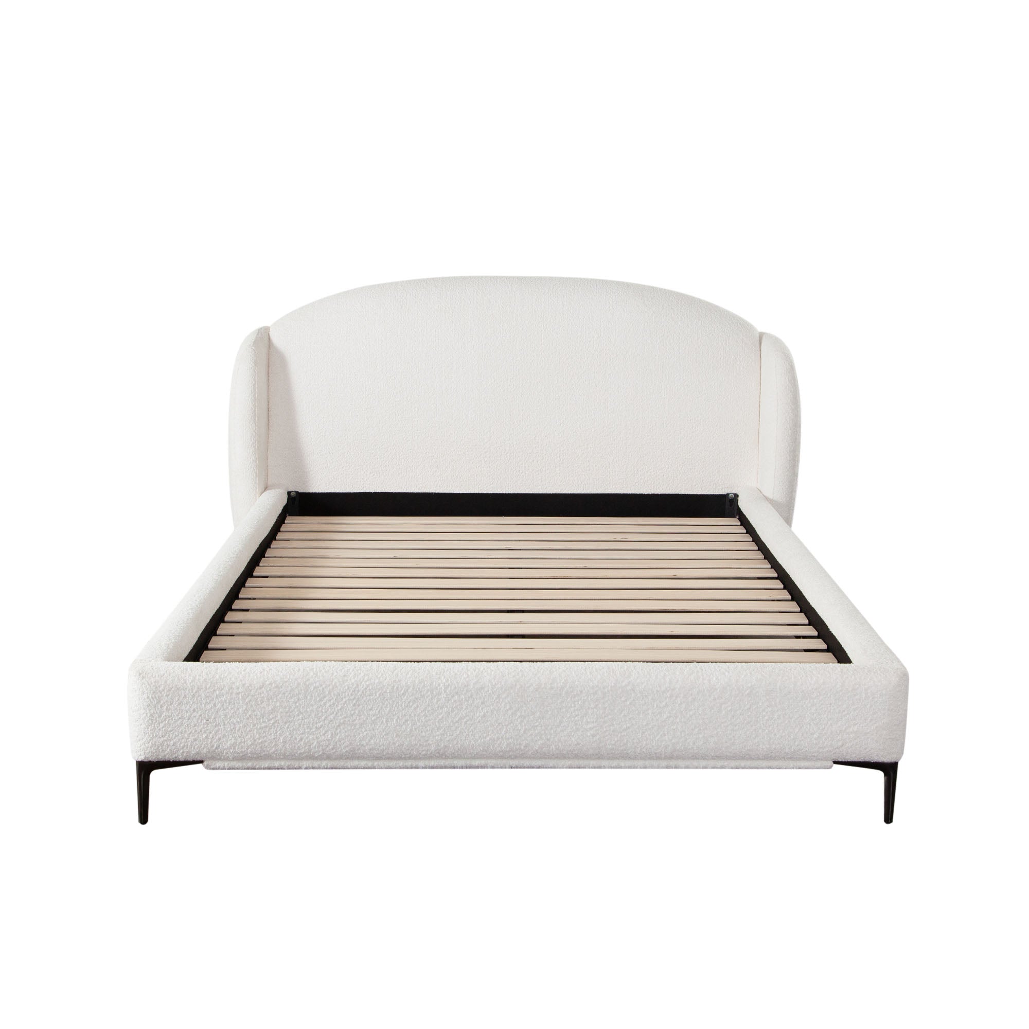 Path Low Profile Queen Bed in Oslo Ivory Fabric w/ Contoured Headboard and Black Metal Leg by Diamond Sofa