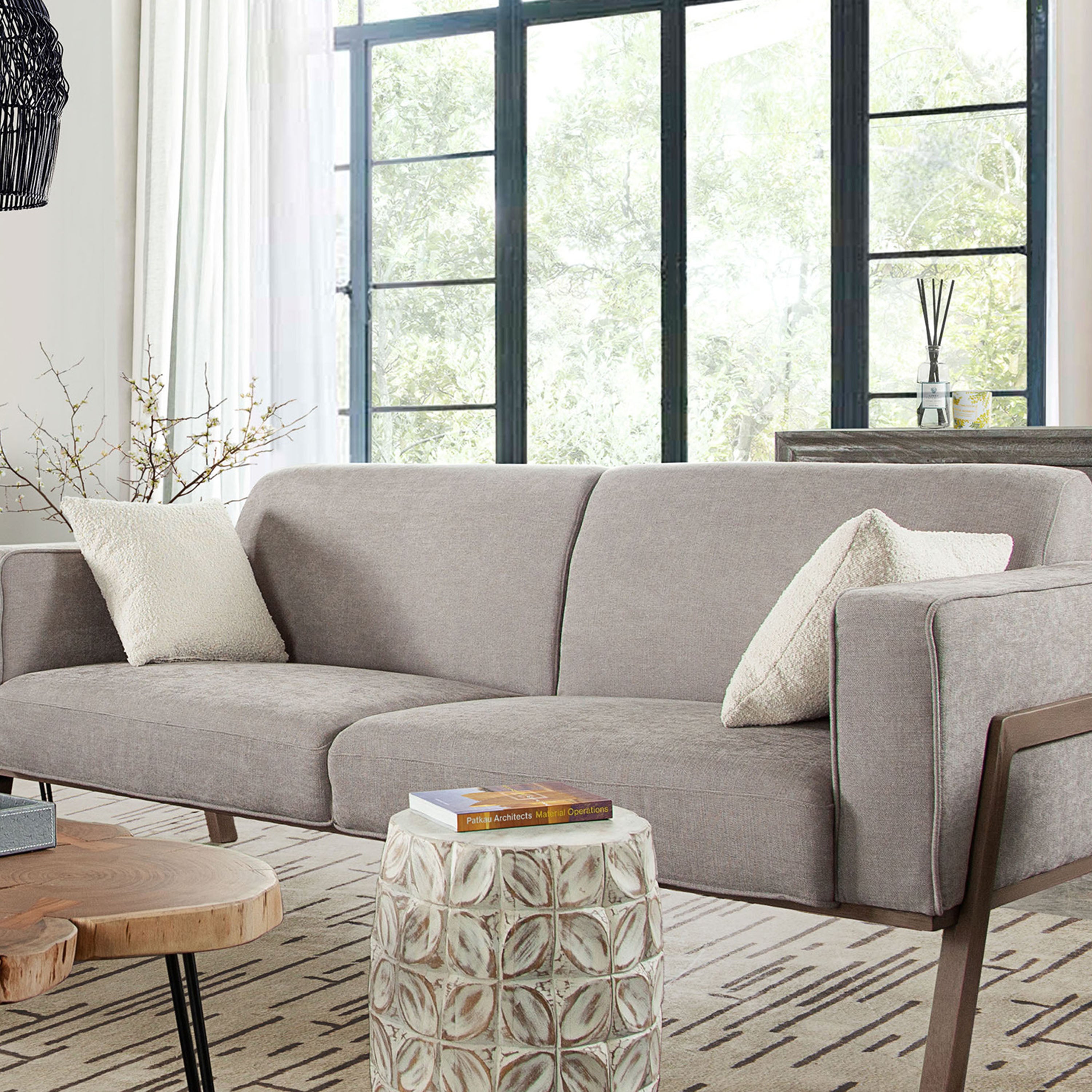 Set of (2) 16" Square Accent Pillows in Bone Boucle Textured Fabric by Diamond Sofa - styled in a staged room by Center Stage Home Design