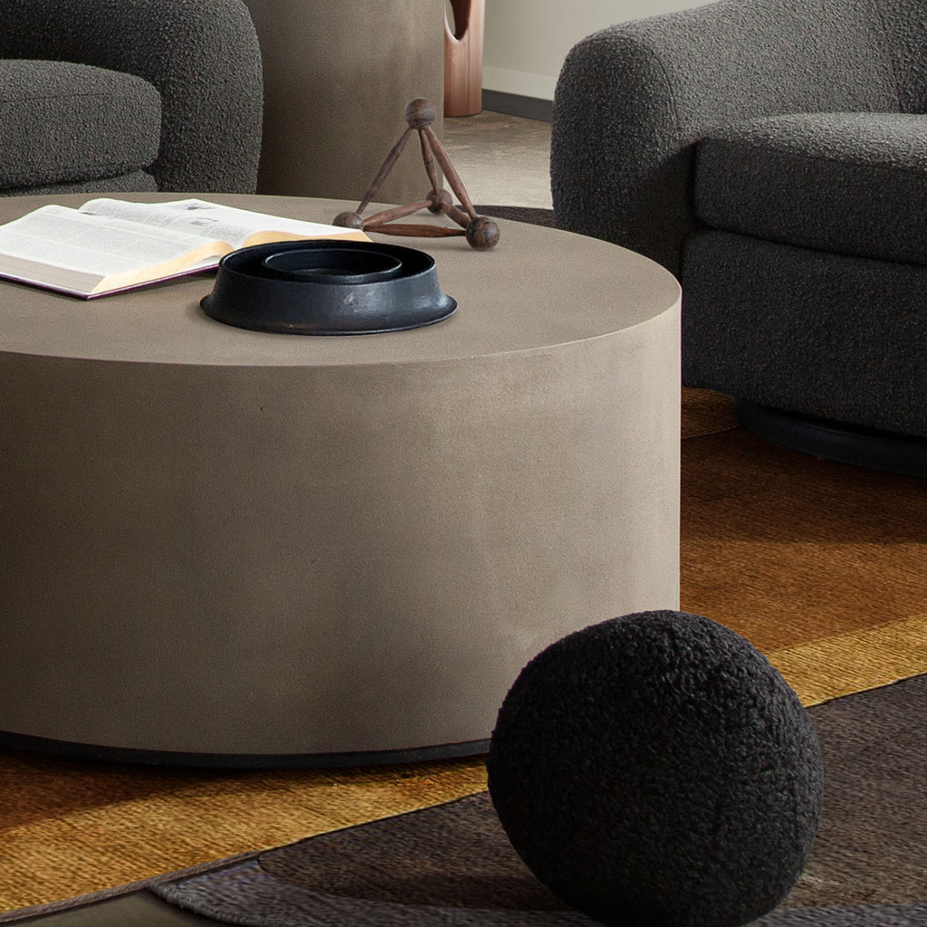 Set of (2) 10" Round Accent Pillows in Black Faux Sheepskin by Diamond Sofa - styled in a staged room by Center Stage Home Design