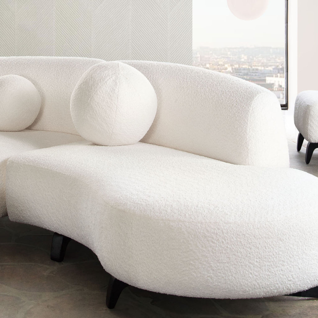 Single 14" Round Accent Pillow Ball in White Faux Shearling by Diamond Sofa - styled in a staged room by Center Stage Home Design