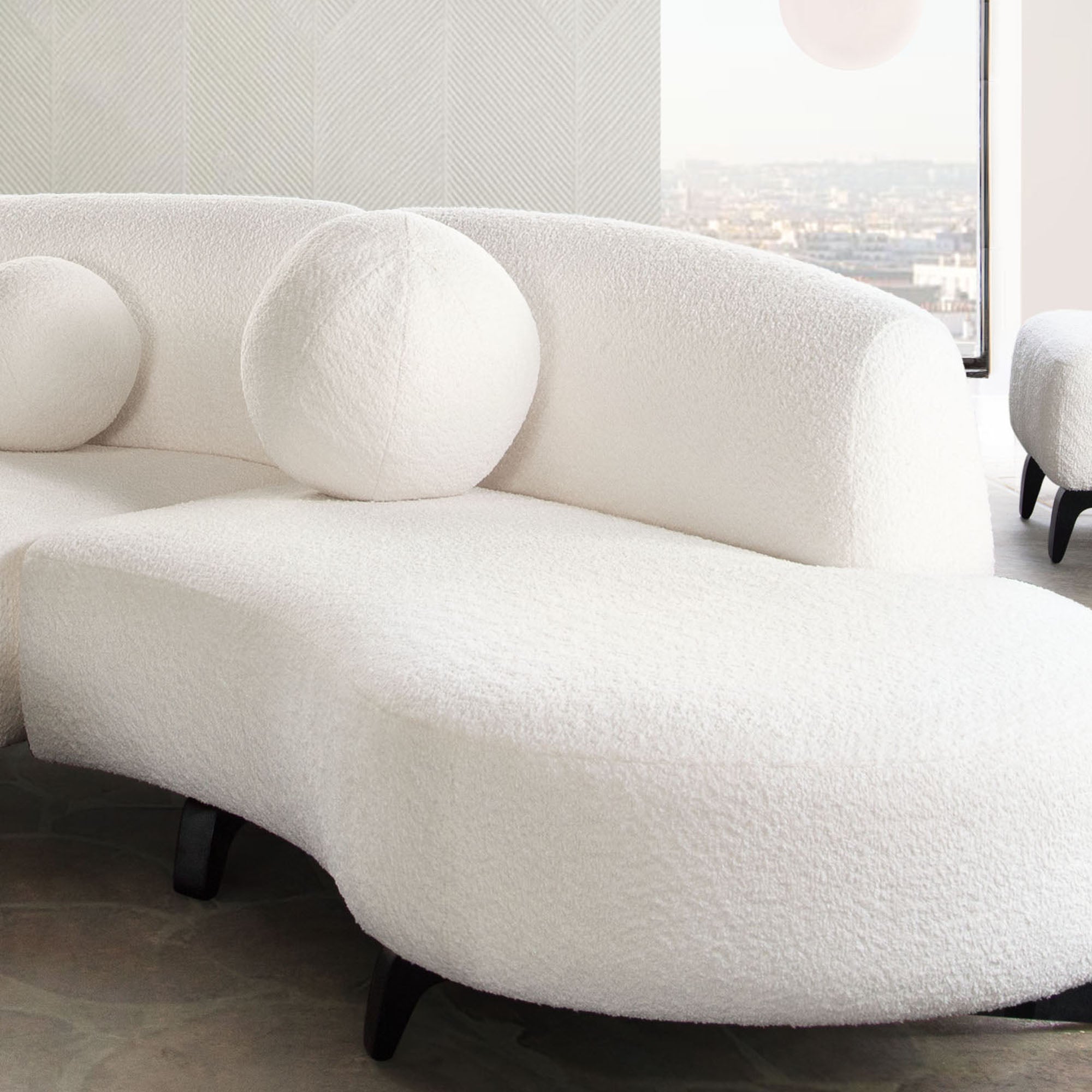 Single 14" Round Accent Pillow Ball in White Faux Shearling by Diamond Sofa - styled in a staged room by Center Stage Home Design