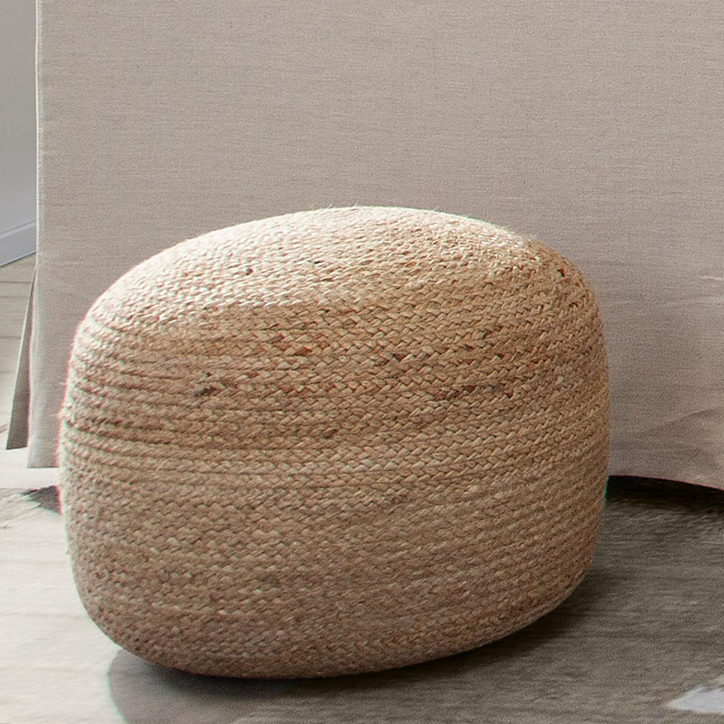 Round Pouf in Natural Jute Fiber by Diamond Sofa - styled in a staged room by Center Stage Home Design