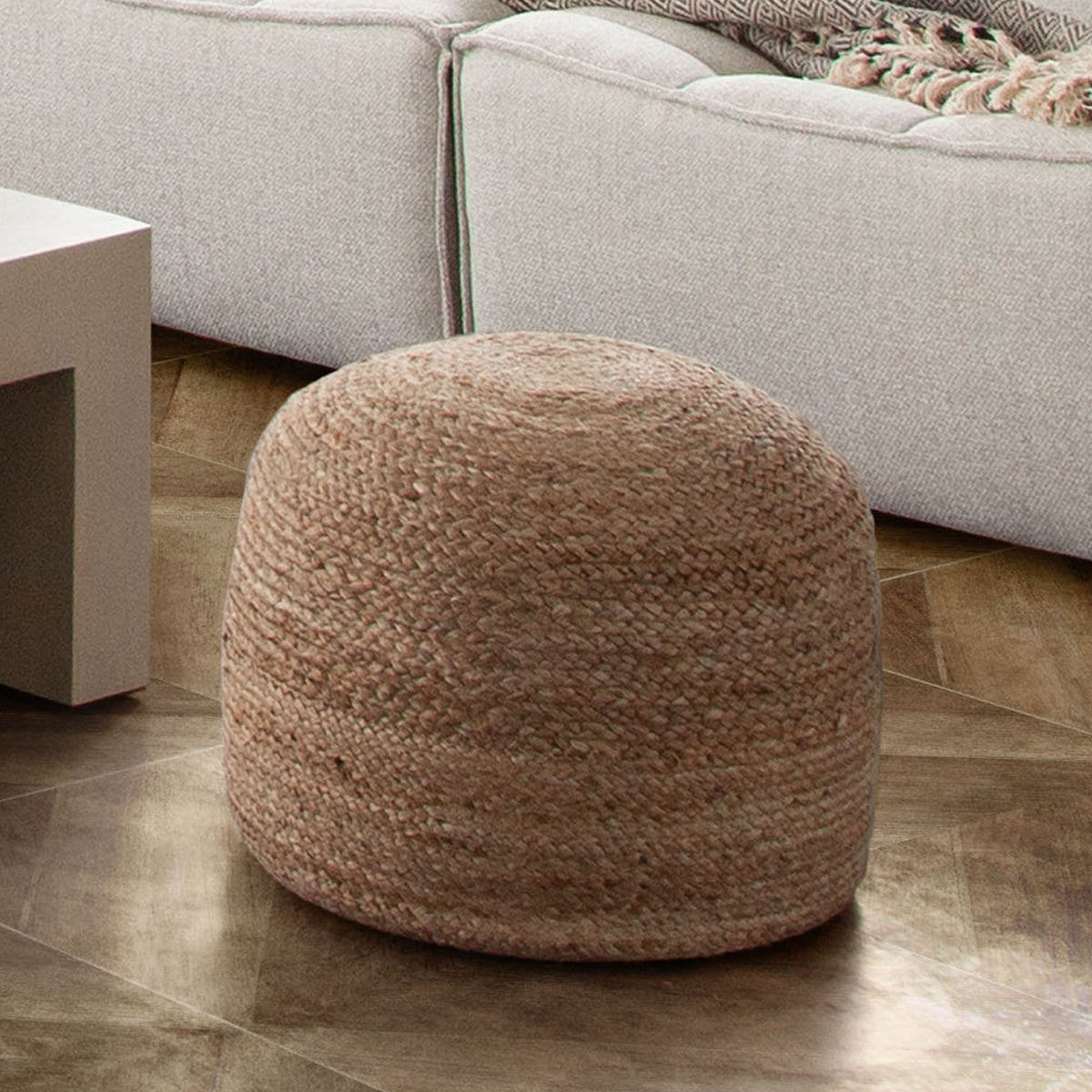 Round Pouf in Natural Jute Fiber by Diamond Sofa - styled in a staged room by Center Stage Home Design