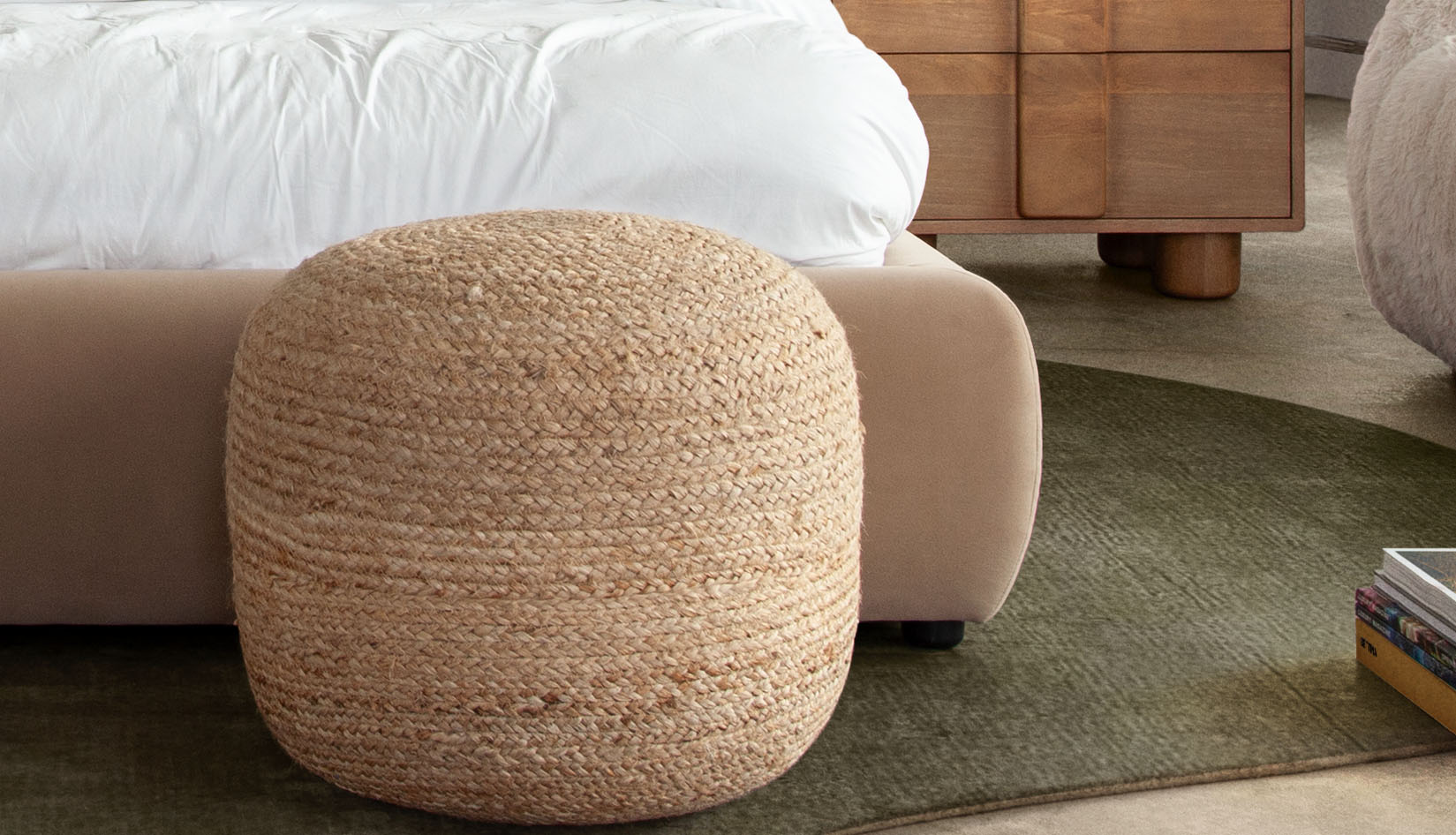 Round Pouf in Natural Jute Fiber by Diamond Sofa - styled in a staged room by Center Stage Home Design