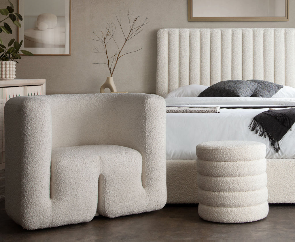 Pulse Accent Chair in Ivory Boucle Fabric by Diamond Sofa - styled in a staged room by Center Stage Home Design