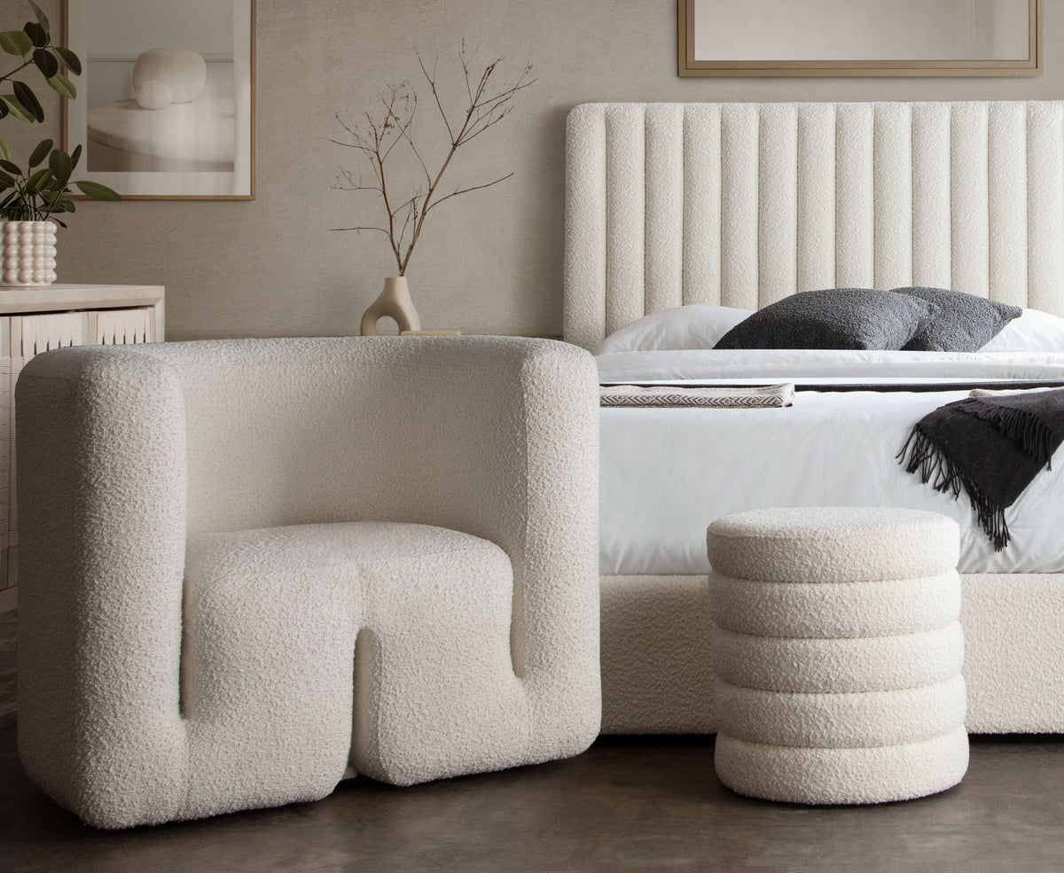 Pulse Accent Chair in Ivory Boucle Fabric by Diamond Sofa - styled in a staged room by Center Stage Home Design