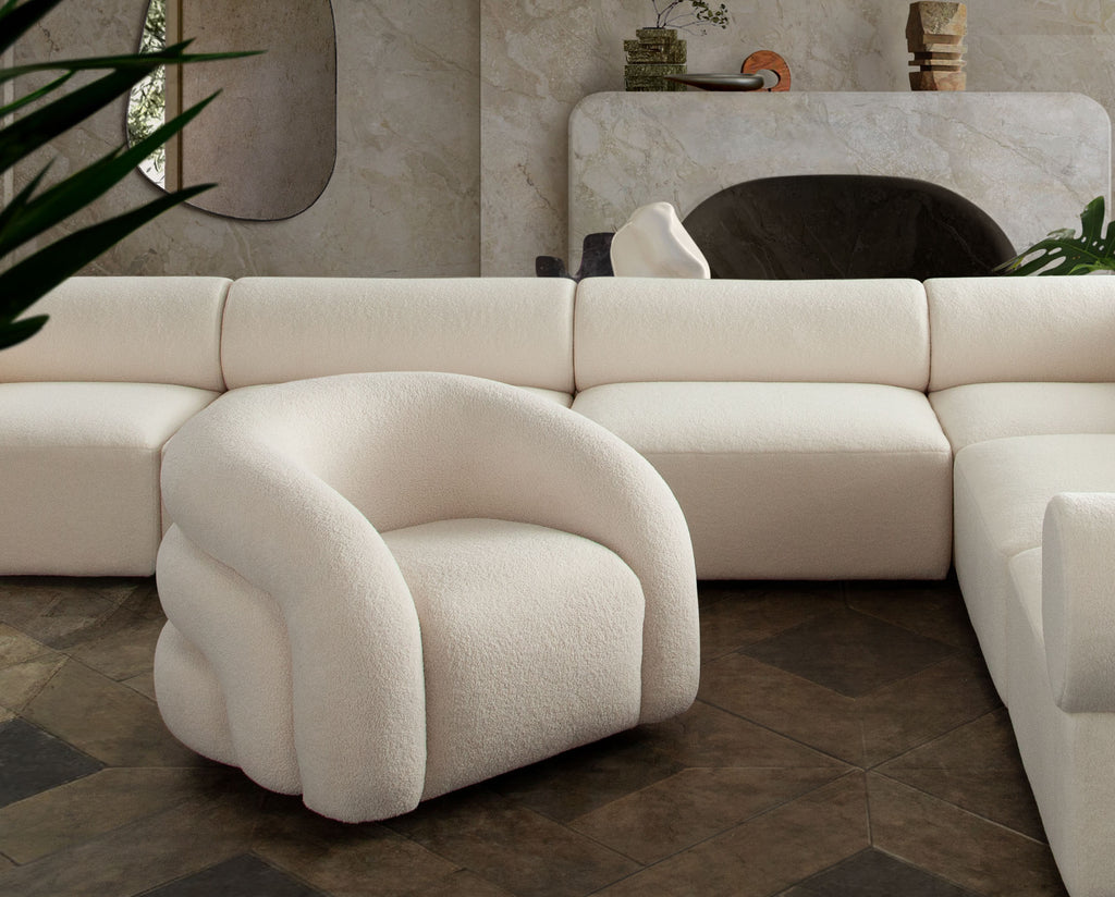 Quantum Swivel Accent Chair in Ivory Sherpa by Diamond Sofa - styled in a staged room by Center Stage Home Design
