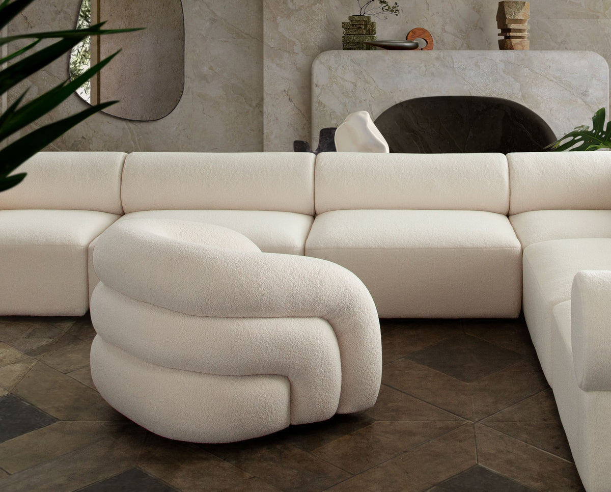 Quantum Swivel Accent Chair in Ivory Sherpa by Diamond Sofa - styled in a staged room by Center Stage Home Design