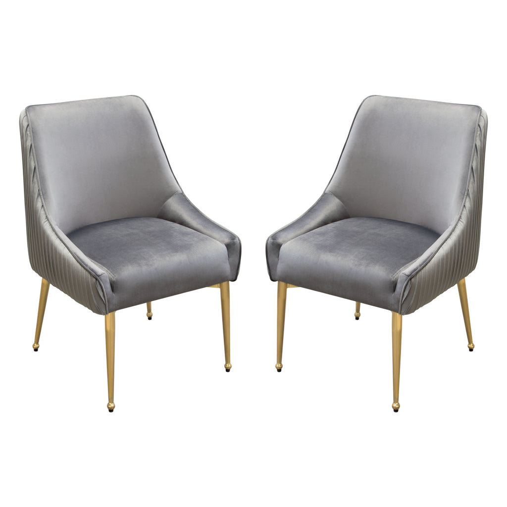 Set of (2) Quinn Dining Chairs w/ Vertical Outside Pleat Detail and Contoured Arm in Grey Velvet w/ Brushed Gold Metal Leg by Diamond Sofa