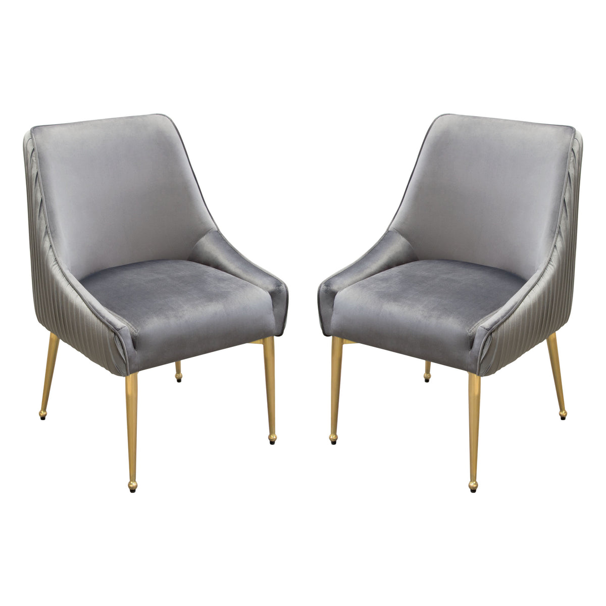 Set of (2) Quinn Dining Chairs w/ Vertical Outside Pleat Detail and Contoured Arm in Grey Velvet w/ Brushed Gold Metal Leg by Diamond Sofa