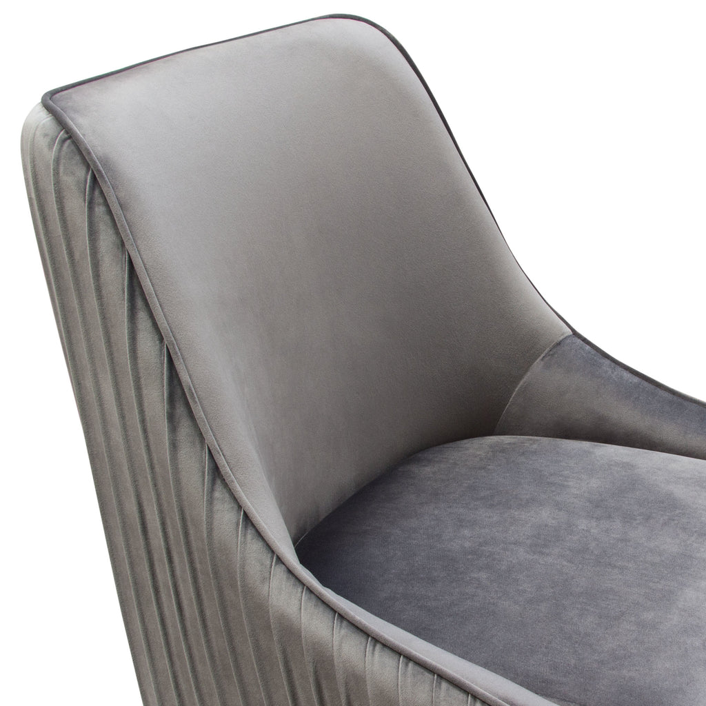 Set of (2) Quinn Dining Chairs w/ Vertical Outside Pleat Detail and Contoured Arm in Grey Velvet w/ Brushed Gold Metal Leg by Diamond Sofa - styled in a staged room by Center Stage Home Design