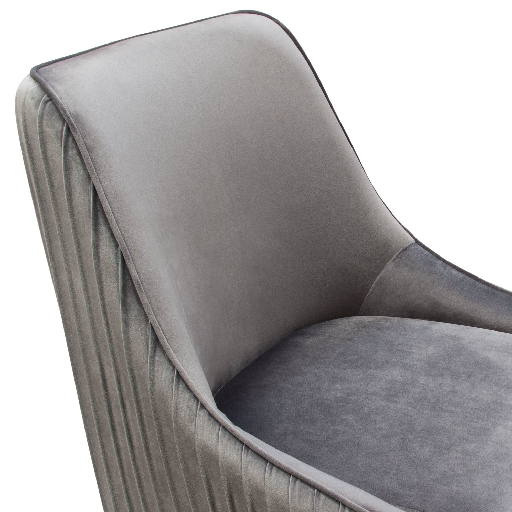Set of (2) Quinn Dining Chairs w/ Vertical Outside Pleat Detail and Contoured Arm in Grey Velvet w/ Brushed Gold Metal Leg by Diamond Sofa - styled in a staged room by Center Stage Home Design
