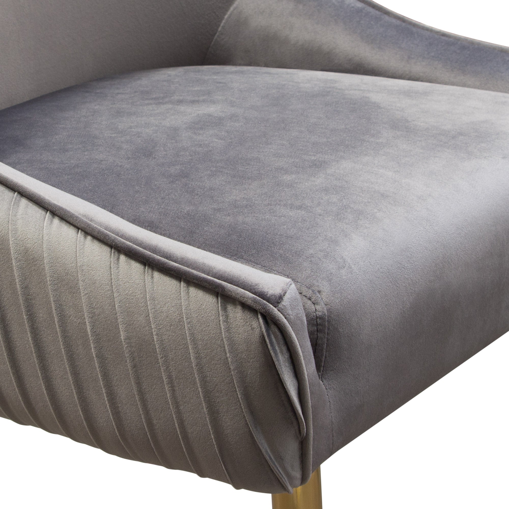 Set of (2) Quinn Dining Chairs w/ Vertical Outside Pleat Detail and Contoured Arm in Grey Velvet w/ Brushed Gold Metal Leg by Diamond Sofa - styled in a staged room by Center Stage Home Design
