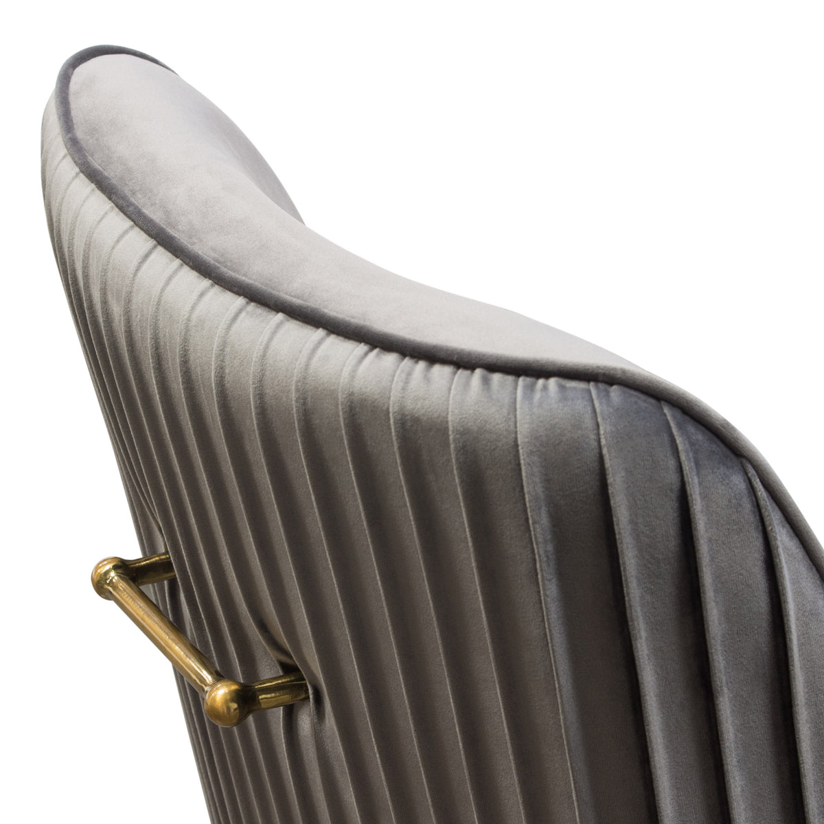 Set of (2) Quinn Dining Chairs w/ Vertical Outside Pleat Detail and Contoured Arm in Grey Velvet w/ Brushed Gold Metal Leg by Diamond Sofa - styled in a staged room by Center Stage Home Design