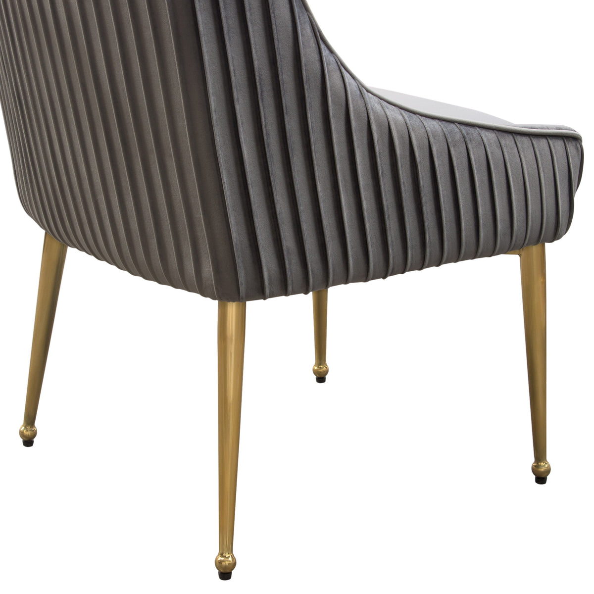 Set of (2) Quinn Dining Chairs w/ Vertical Outside Pleat Detail and Contoured Arm in Grey Velvet w/ Brushed Gold Metal Leg by Diamond Sofa - styled in a staged room by Center Stage Home Design