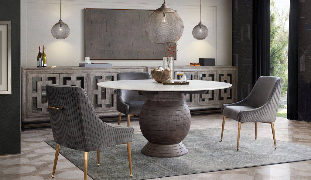 Set of (2) Quinn Dining Chairs w/ Vertical Outside Pleat Detail and Contoured Arm in Grey Velvet w/ Brushed Gold Metal Leg by Diamond Sofa - styled in a staged room by Center Stage Home Design