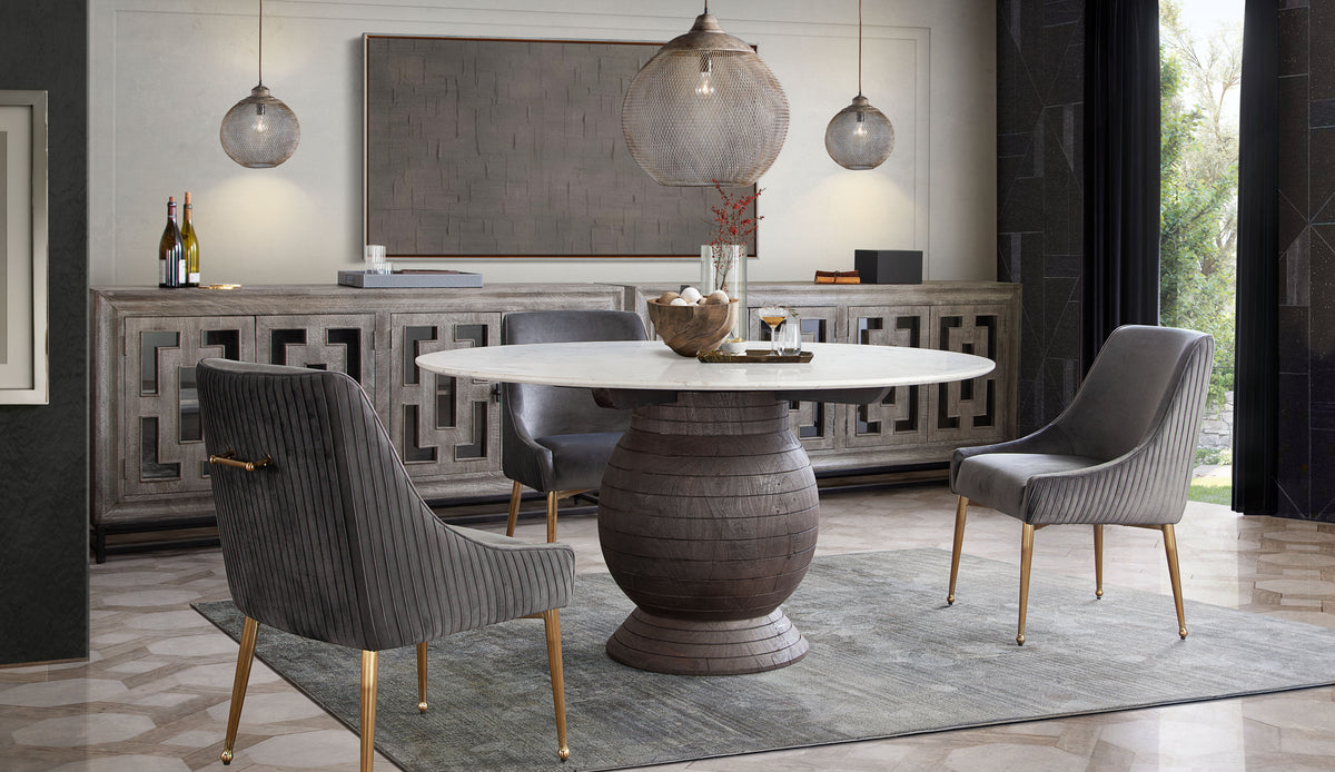 Set of (2) Quinn Dining Chairs w/ Vertical Outside Pleat Detail and Contoured Arm in Grey Velvet w/ Brushed Gold Metal Leg by Diamond Sofa - styled in a staged room by Center Stage Home Design