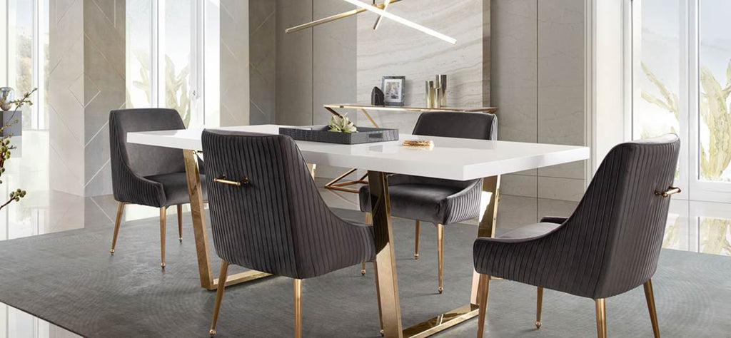 Set of (2) Quinn Dining Chairs w/ Vertical Outside Pleat Detail and Contoured Arm in Grey Velvet w/ Brushed Gold Metal Leg by Diamond Sofa - styled in a staged room by Center Stage Home Design