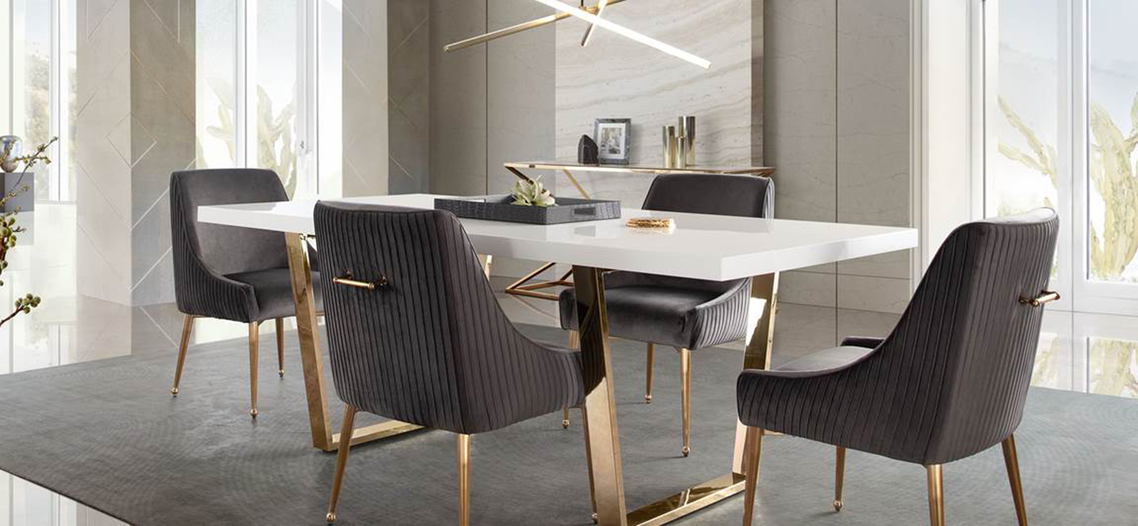 Set of (2) Quinn Dining Chairs w/ Vertical Outside Pleat Detail and Contoured Arm in Grey Velvet w/ Brushed Gold Metal Leg by Diamond Sofa - styled in a staged room by Center Stage Home Design