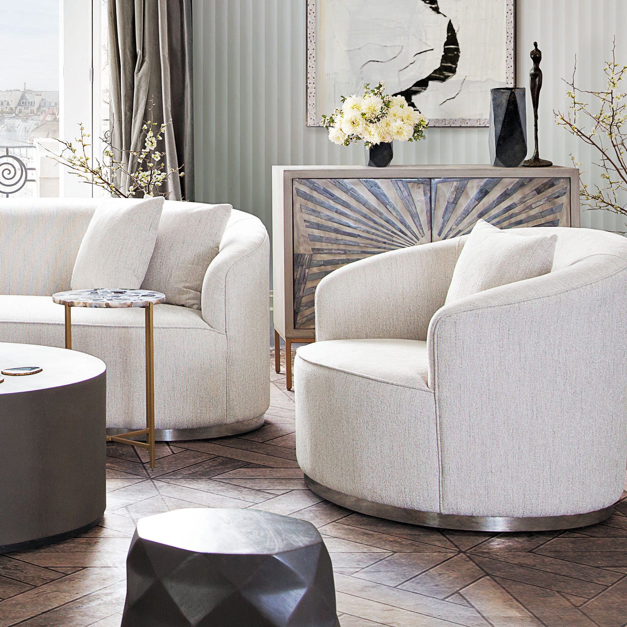 Raven Chair in Light Cream Fabric w/ Brushed Silver Accent Trim by Diamond Sofa - styled in a staged room by Center Stage Home Design