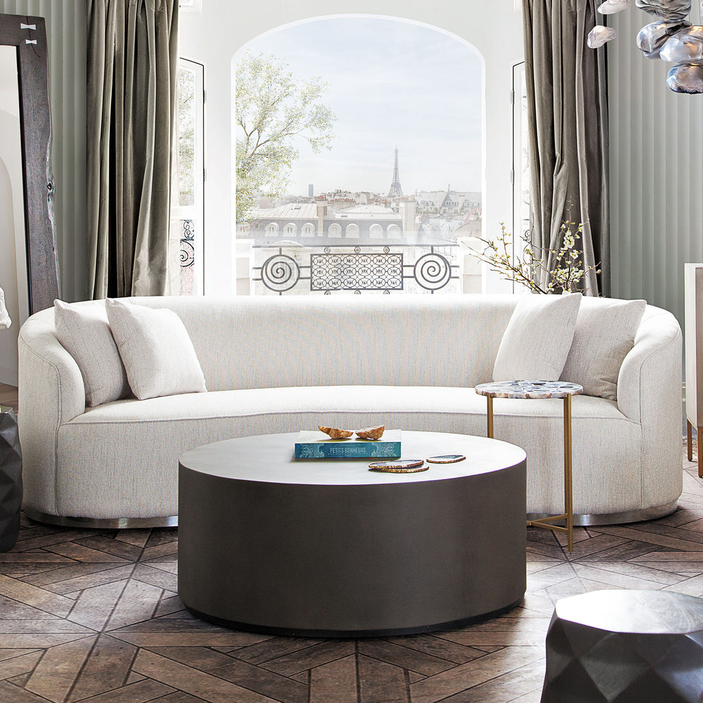 Raven Sofa in Light Cream Fabric w/ Brushed Silver Accent Trim by Diamond Sofa - styled in a staged room by Center Stage Home Design