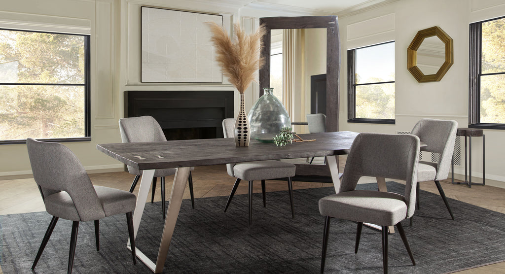 Set of (2) Reveal Dining Chairs in Grey Fabric w/ Black Powder Coat Metal Leg by Diamond Sofa - styled in a staged room by Center Stage Home Design