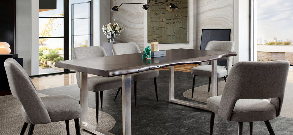 Set of (2) Reveal Dining Chairs in Grey Fabric w/ Black Powder Coat Metal Leg by Diamond Sofa - styled in a staged room by Center Stage Home Design