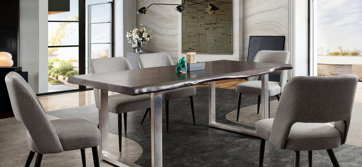 Set of (2) Reveal Dining Chairs in Grey Fabric w/ Black Powder Coat Metal Leg by Diamond Sofa - styled in a staged room by Center Stage Home Design