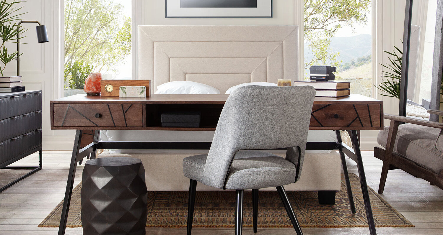 Set of (2) Reveal Dining Chairs in Grey Fabric w/ Black Powder Coat Metal Leg by Diamond Sofa - styled in a staged room by Center Stage Home Design