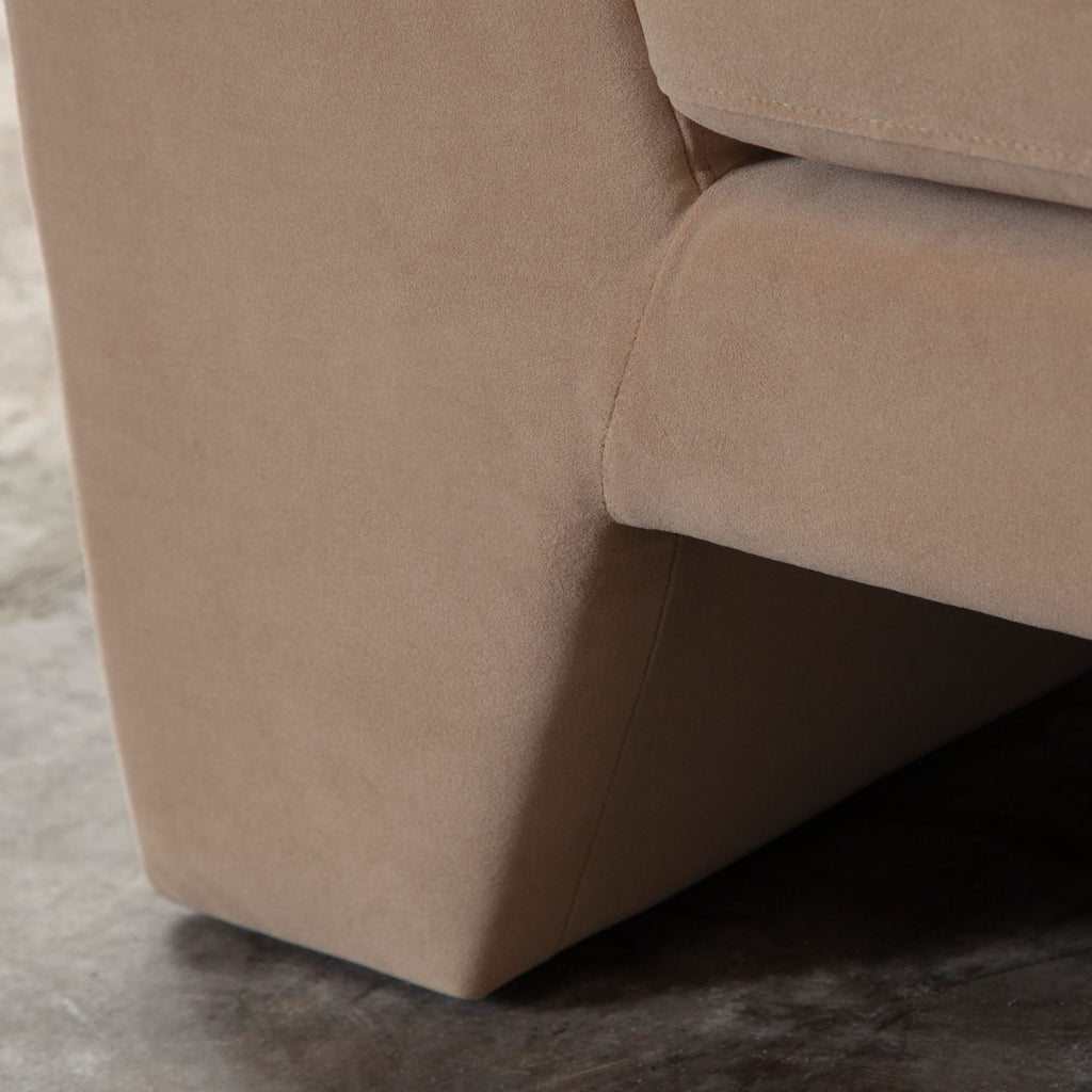 Rift Sofa in Camel Performance Velvet by Diamond Sofa - styled in a staged room by Center Stage Home Design