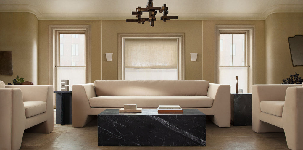 Rift Sofa in Camel Performance Velvet by Diamond Sofa - styled in a staged room by Center Stage Home Design