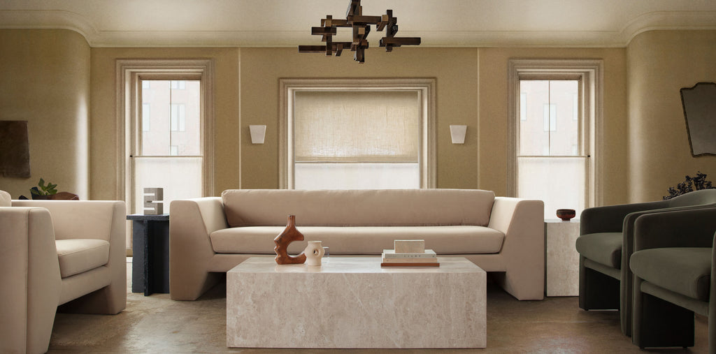 Rift Sofa in Camel Performance Velvet by Diamond Sofa - styled in a staged room by Center Stage Home Design