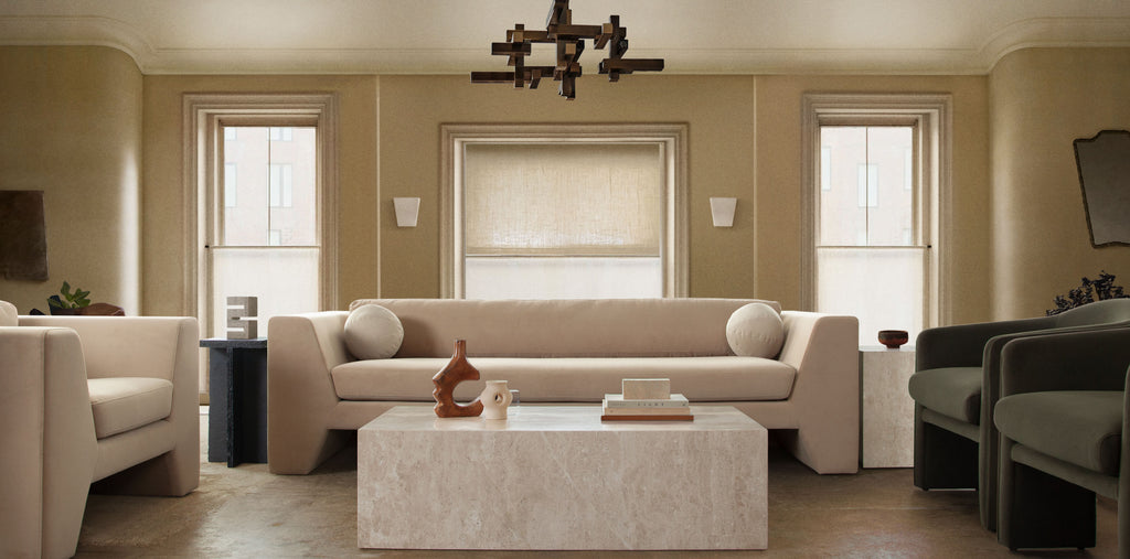 Rift Sofa in Camel Performance Velvet by Diamond Sofa - styled in a staged room by Center Stage Home Design