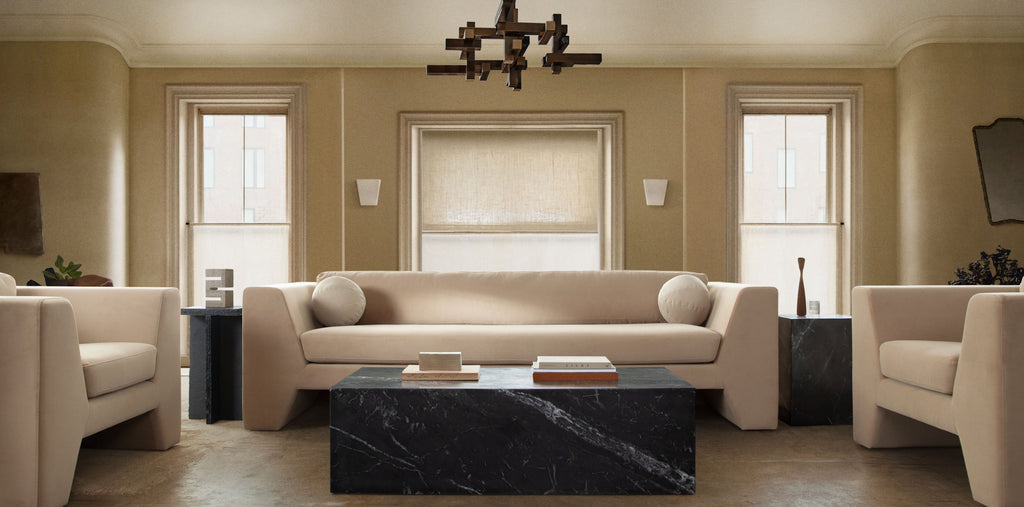 Rift Sofa in Camel Performance Velvet by Diamond Sofa - styled in a staged room by Center Stage Home Design