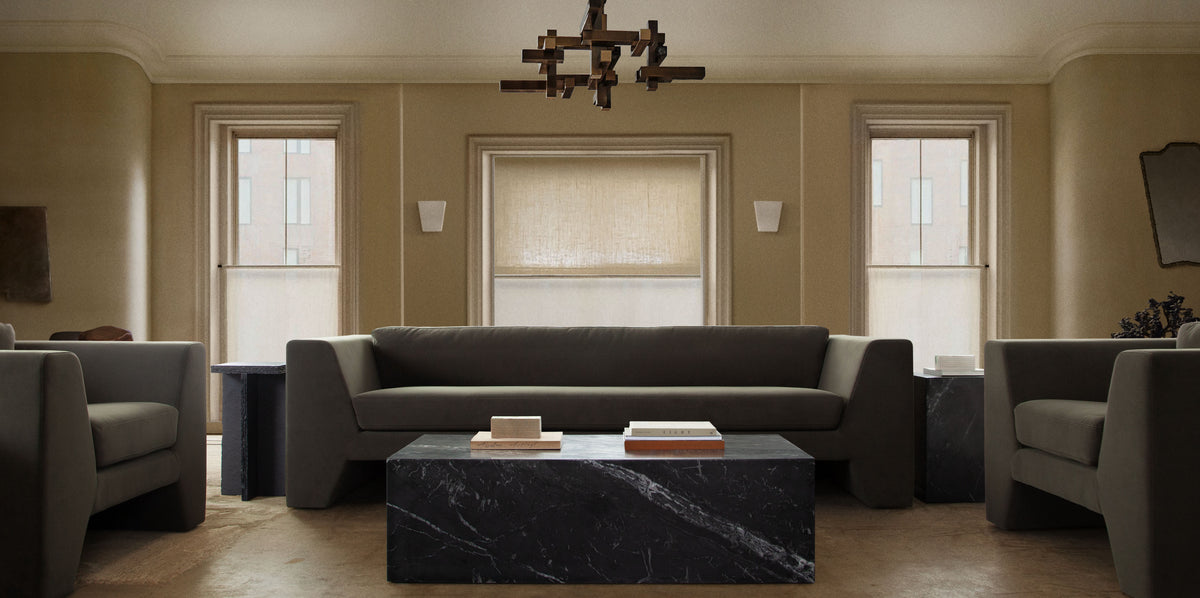 Rift Sofa in Moss Green Performance Velvet by Diamond Sofa - styled in a staged room by Center Stage Home Design